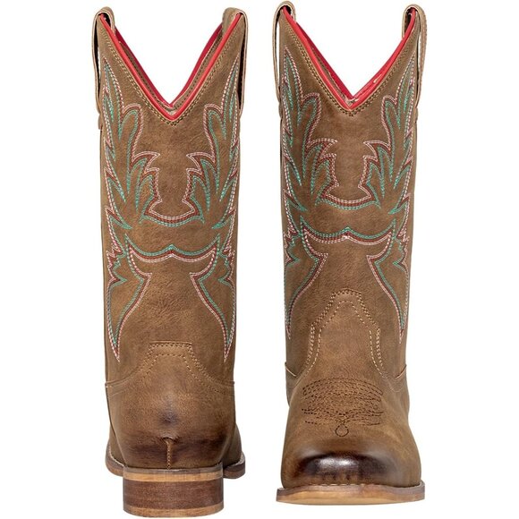 Women's Brown Square Toe Mid Calf Pull On Fashion Embroidered Western Boots - Picture 2 of 9